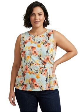 Melanie Lyne Watercolour Floral Side Drape Sleeveless Top Size Xlarge